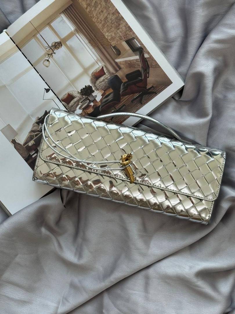 Bottega Veneta Silver Andiamo Long Clutch Bag With Original Box Dust Cover & LongSlingBelt