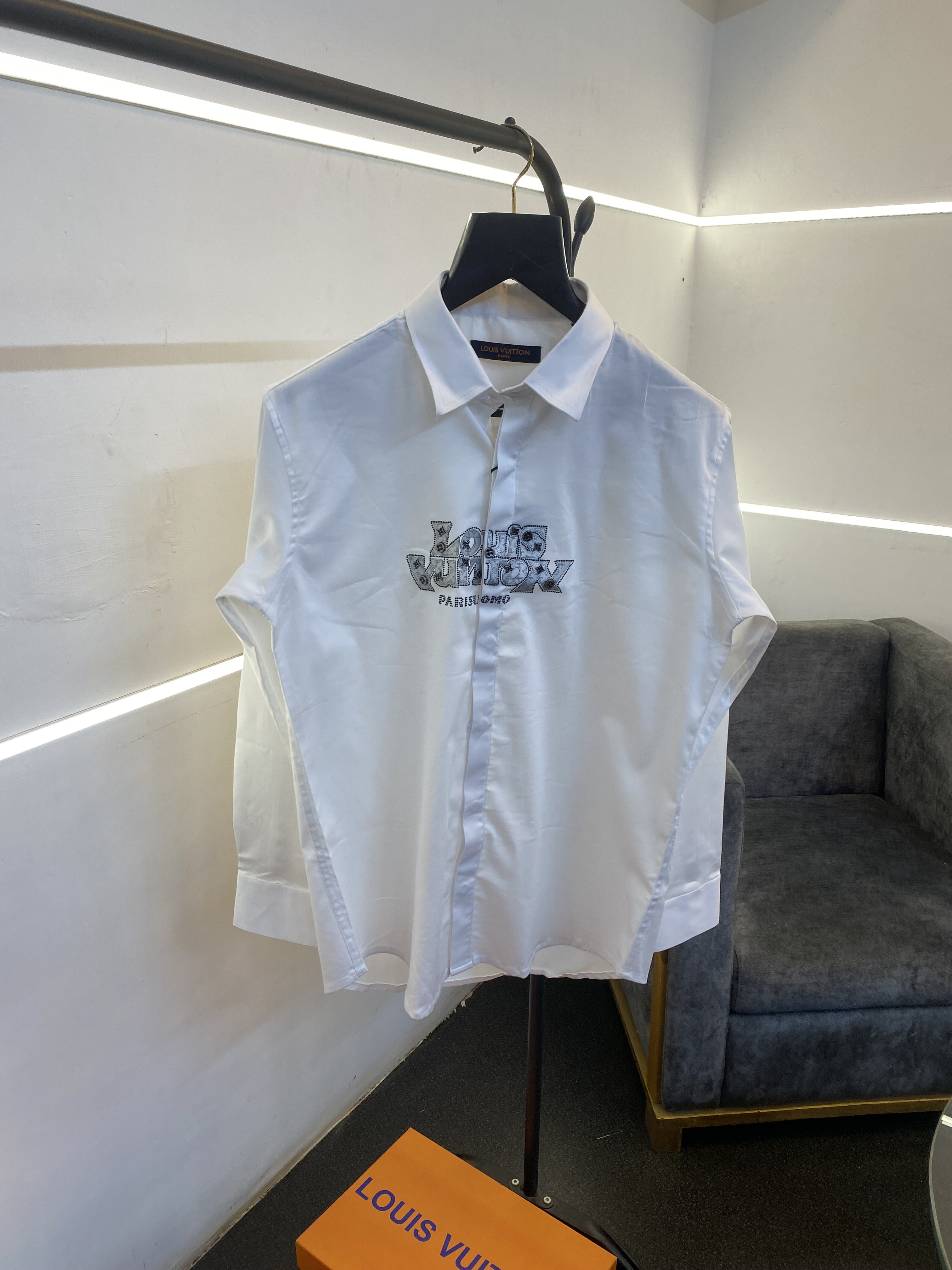 Lv stone metal logos and patch work imported box pack shirt white sale